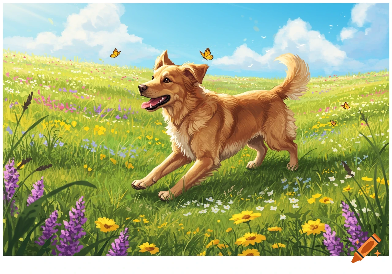 A happy golden-brown dog bounds through a vibrant spring meadow filled with colorful wildflowers and butterflies under a blue sky.
