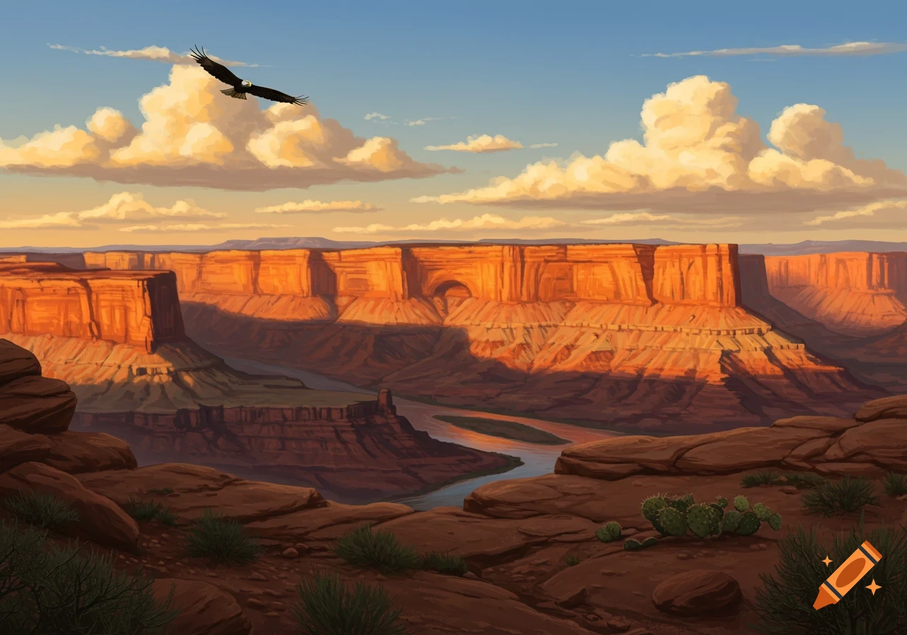 Illustrative painting of a vast red rock canyon with a winding river, an eagle soaring under a cloudy blue sky.
