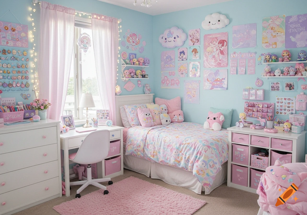 A pastel pink and blue bedroom with a bed, desk, and dresser, decorated with numerous cute anime-style posters, plushies, and fairy lights.