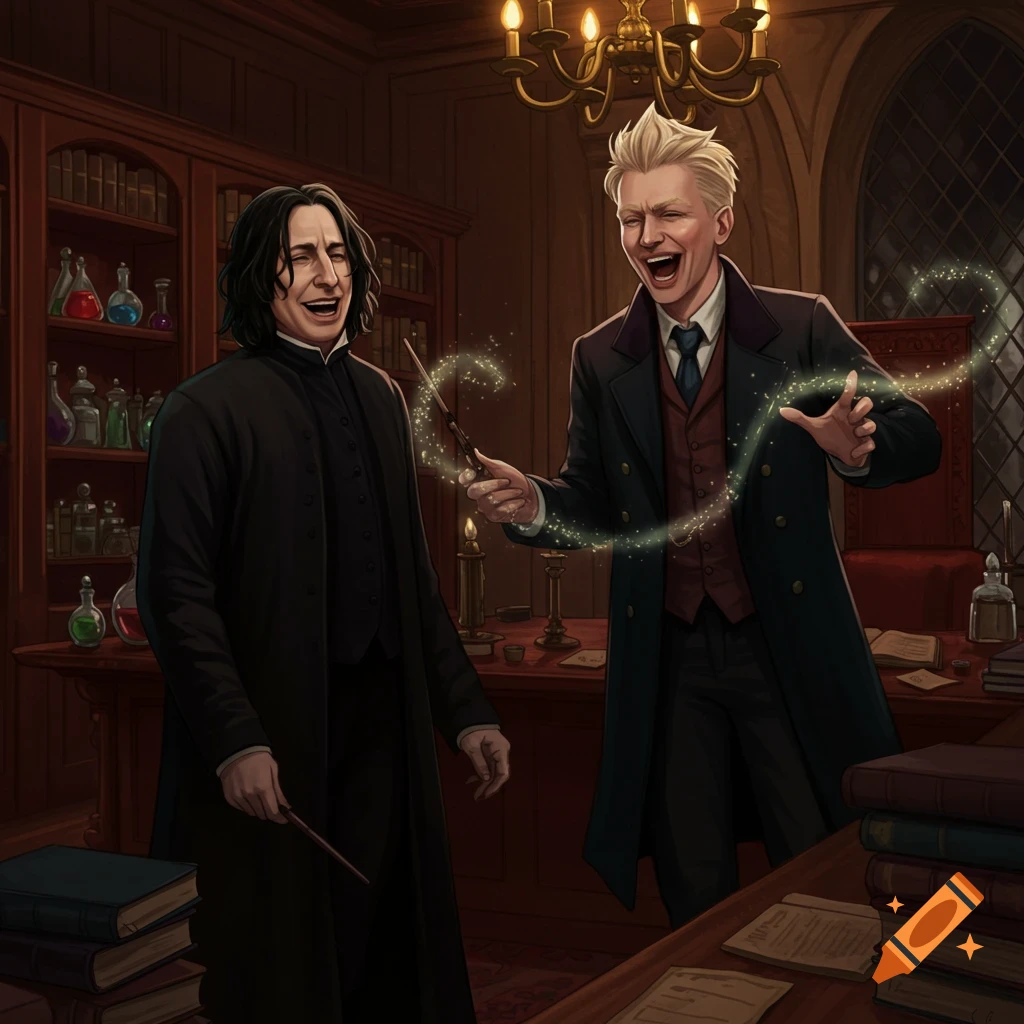 Severus Snape and Gellert Grindelwald laugh in a study as Grindelwald casts a green sparkling spell from his wand.