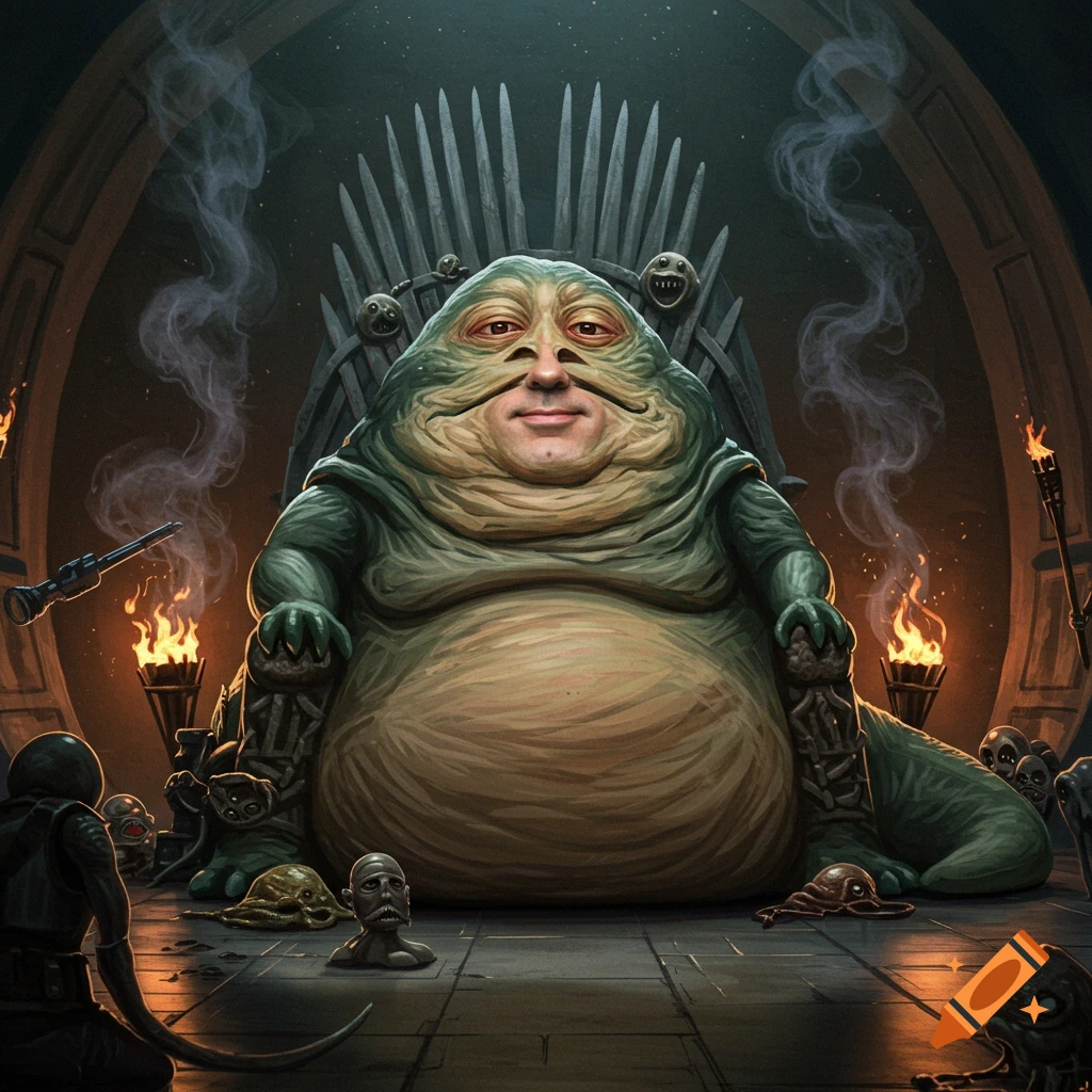 JD Pritzker's face on Jabba the Hutt's body sits on a dark, spiky throne in a fantasy chamber with torches, digital art.
