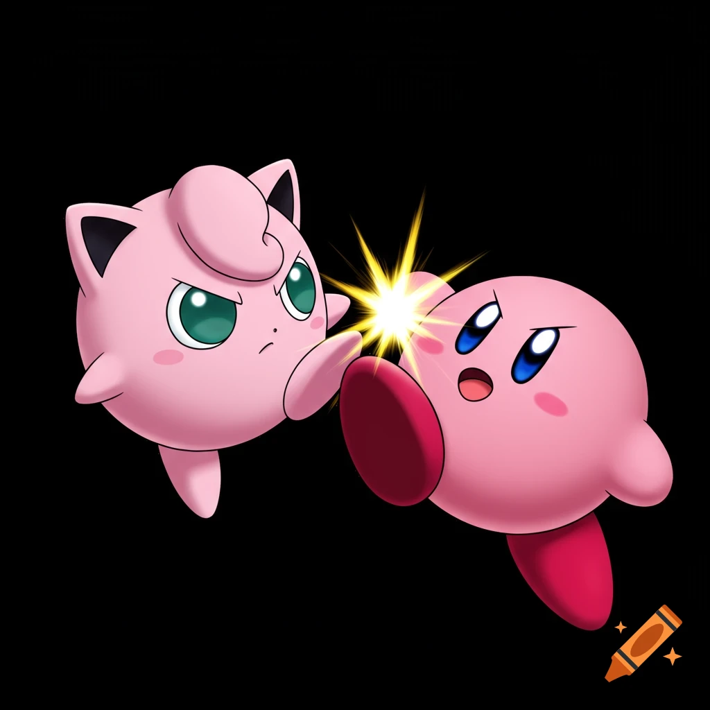 Jigglypuff from Pokemon kicks Kirby in the face, depicted in a vibrant anime manga art style on a black background.