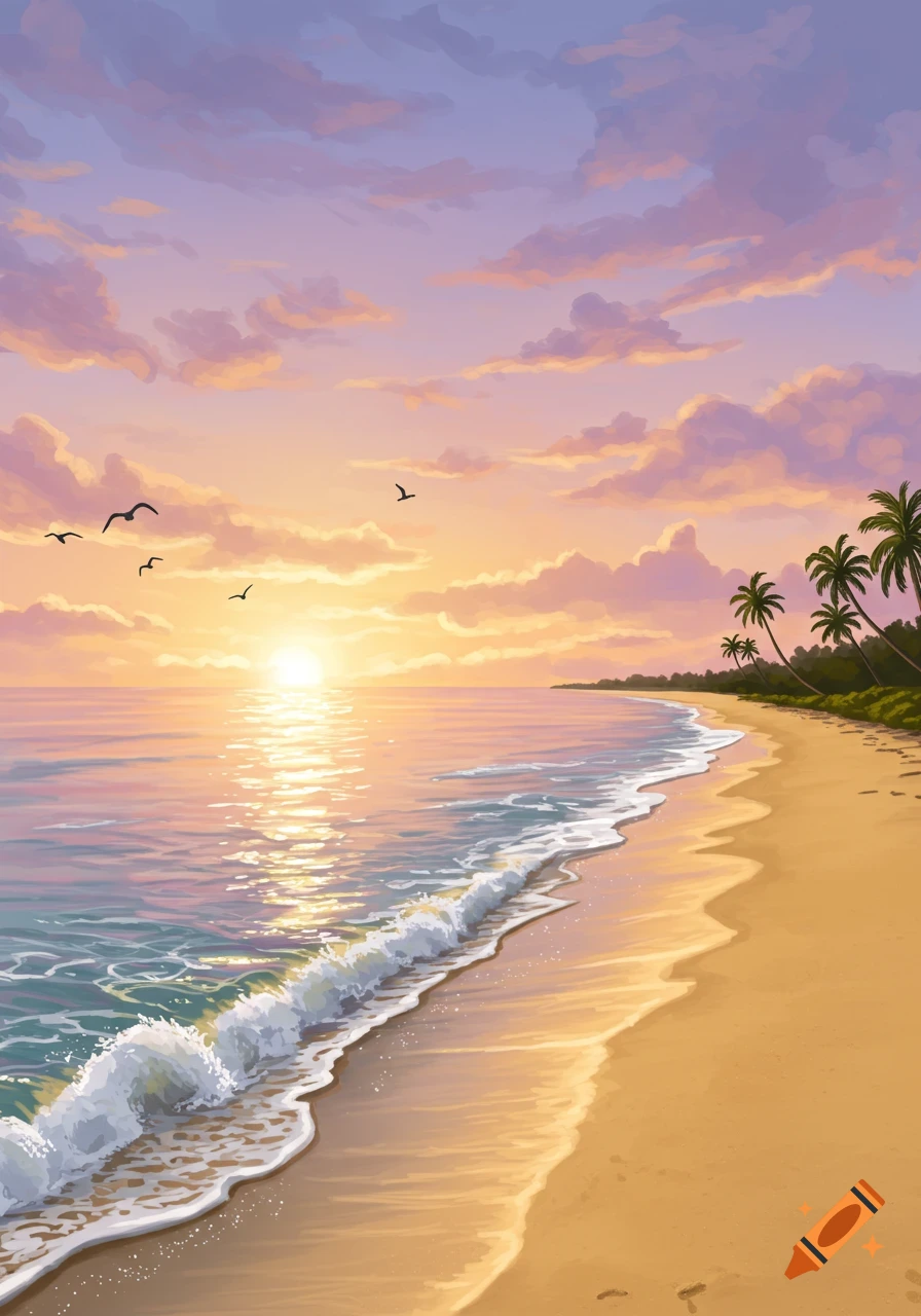 Stylized illustration of a tropical beach at sunset with palm trees, birds, and waves on the shore.