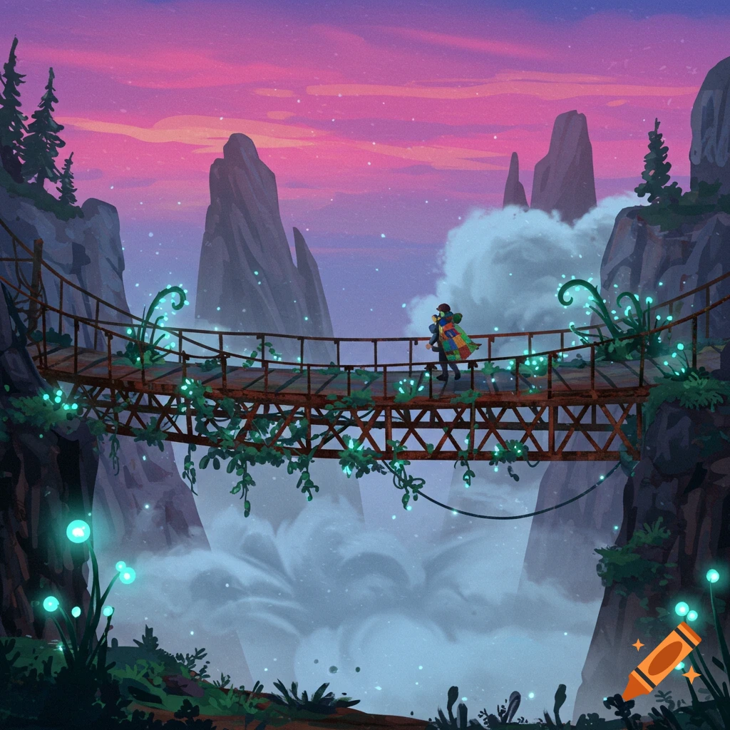 Stylized fantasy art of a person crossing a glowing, vine-covered rustic bridge over a misty chasm under a pink and purple sunset.