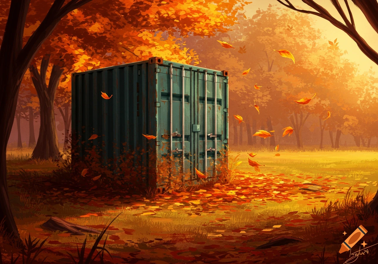 An autumnal illustration showing a teal shipping container in a forest clearing with vibrant orange leaves falling.