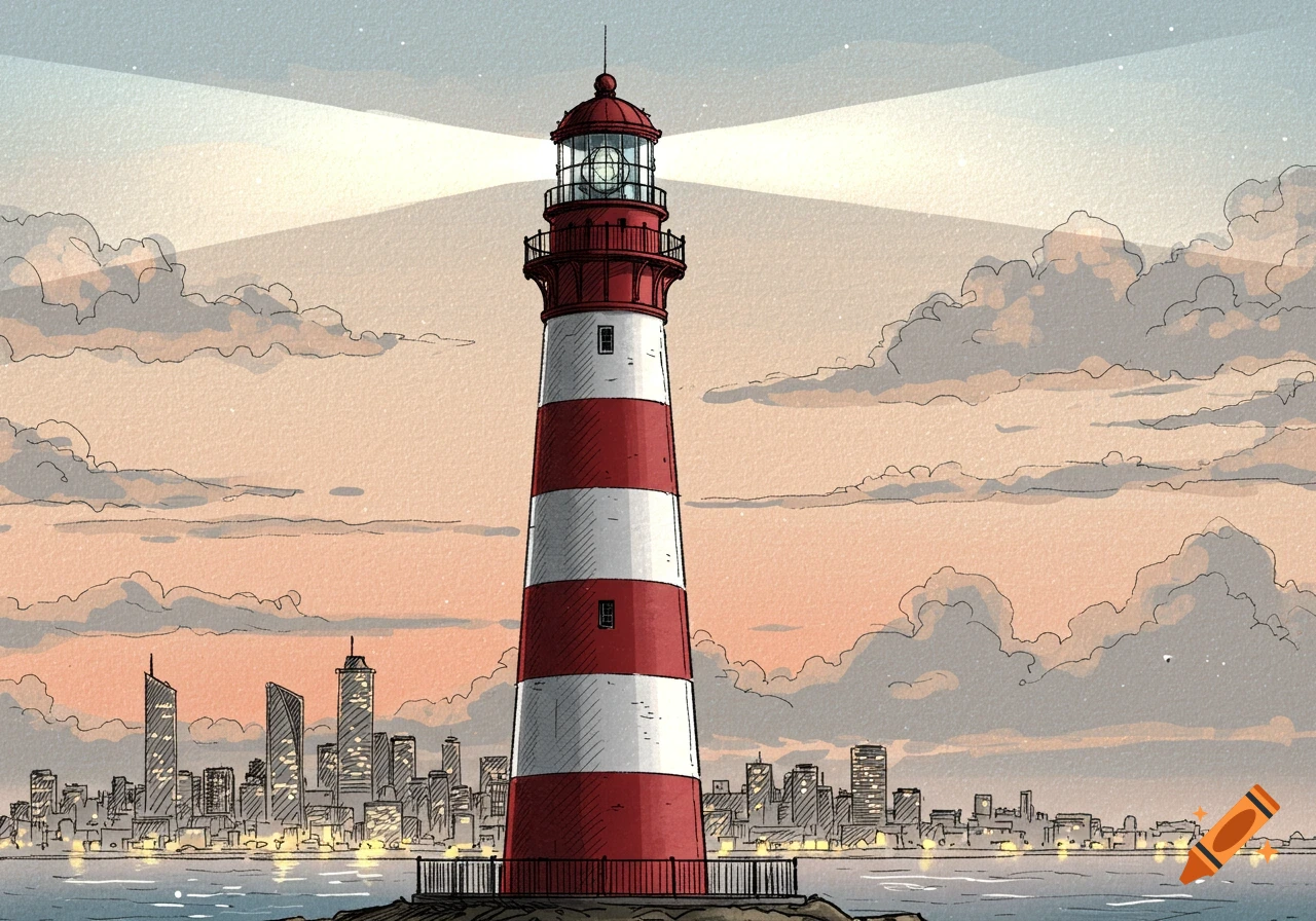 An illustrated red and white striped lighthouse beams light over water with a city skyline under a cloudy twilight sky.