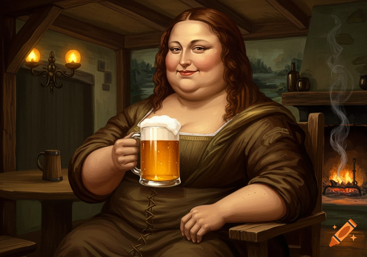 A painterly image of an overweight Mona Lisa in a brown dress, smiling and holding a foamy mug of beer in a rustic tavern.