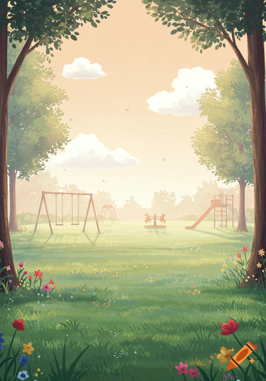 Soft illustration of an empty children's park with playground equipment, lush grass, trees, and colorful flowers under a pale sky.
