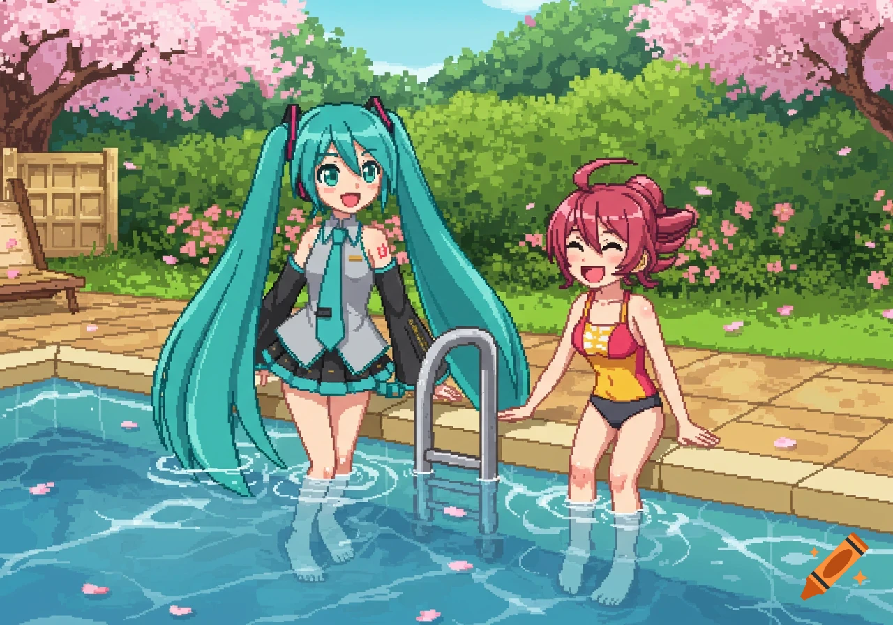 Hatsune Miku in uniform and Teto in a swimsuit, in a pool under cherry blossom trees, pixel art style.