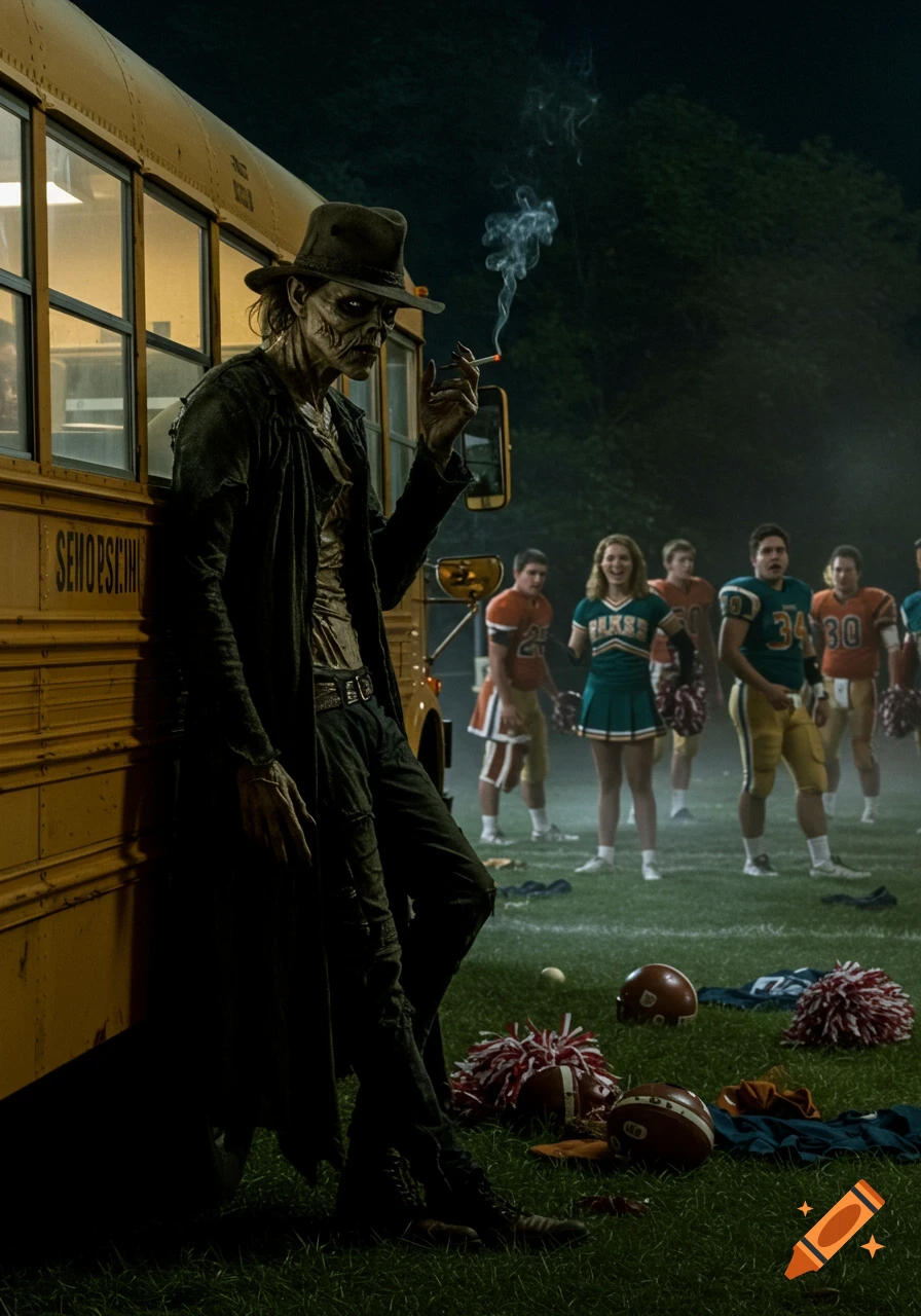 A horror creature, The Creeper, leans against a yellow school bus, smoking a cigarette, while football players and cheerleaders stand on a field at night. Photorealistic.