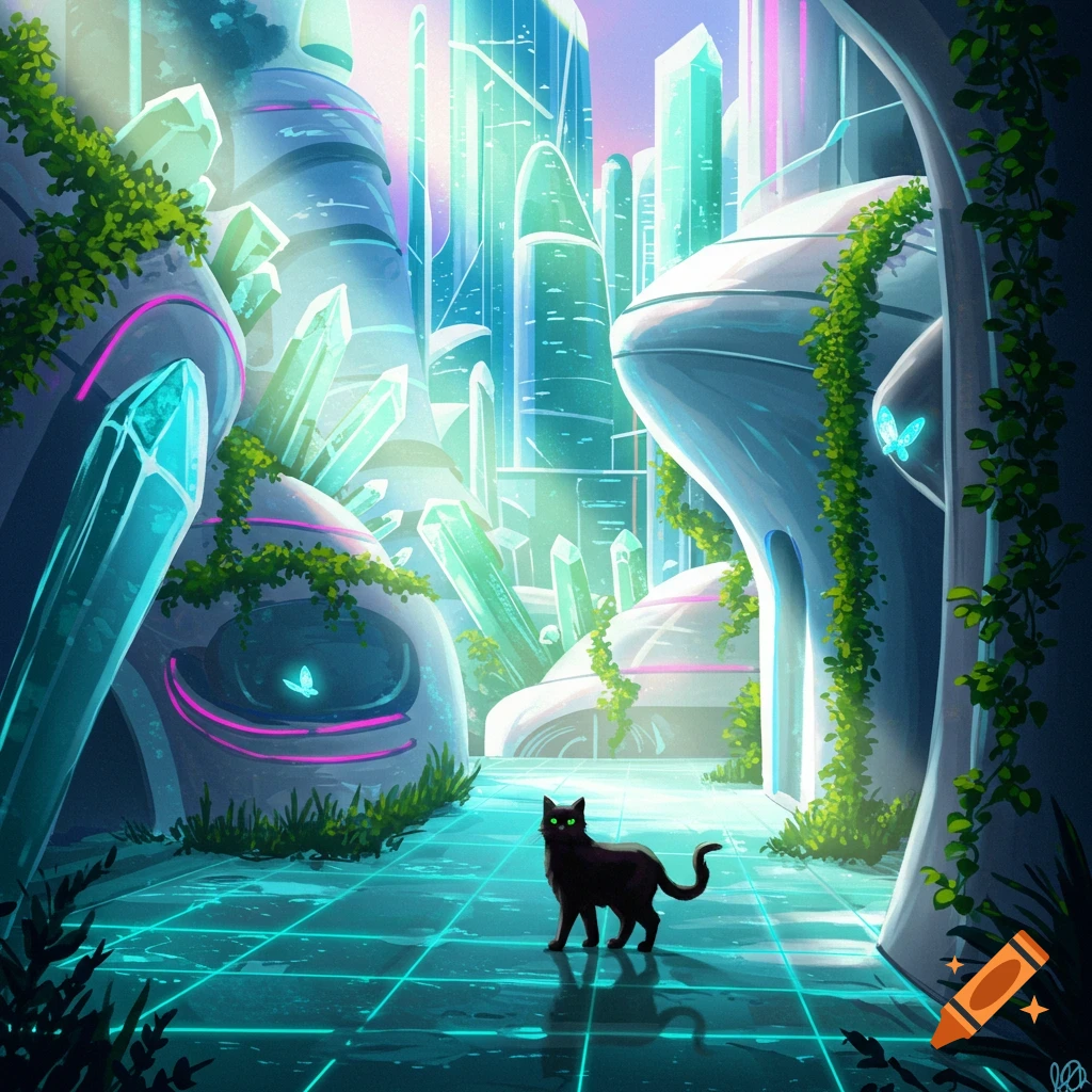 A black cat with glowing green eyes stands on a radiant blue grid floor in a bright, futuristic city with crystalline buildings and climbing vines.