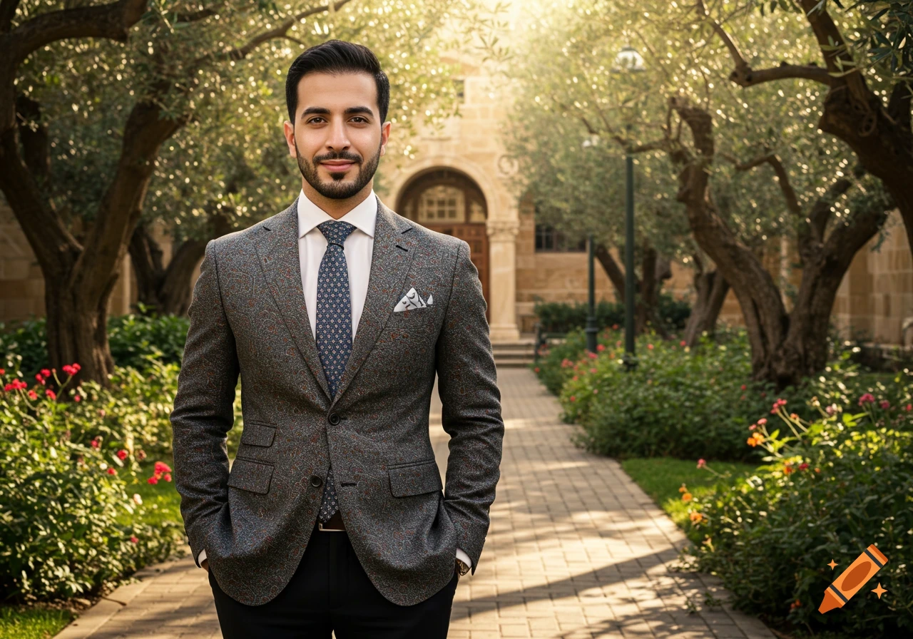 Photorealistic portrait of a well-dressed man in a patterned suit standing on a brick path in a sunny garden.