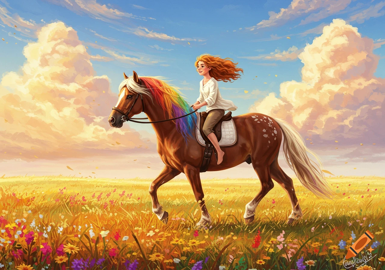 Red-haired girl riding a brown horse with a rainbow mane through a sunny wildflower field, illustrated.