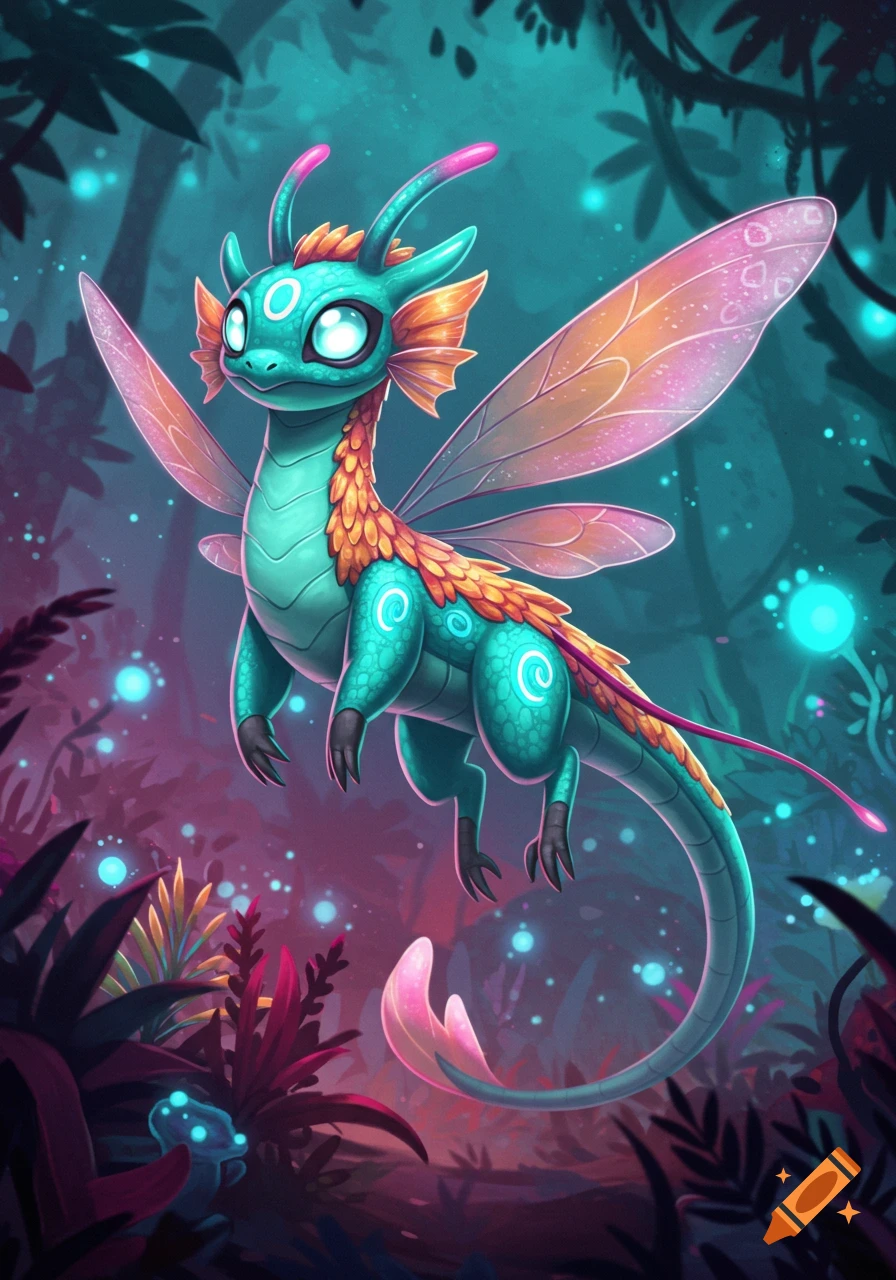 A cute, teal, fairy-winged Fakemon creature with orange scales floats in a magical, glowing forest.