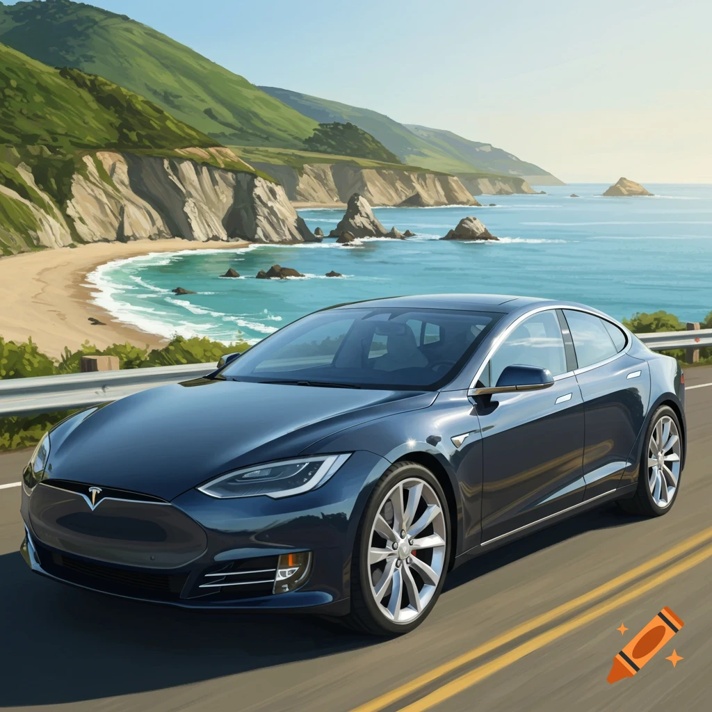 A dark blue Tesla sedan drives on a coastal highway with a scenic view of green mountains, a beach, and blue ocean.