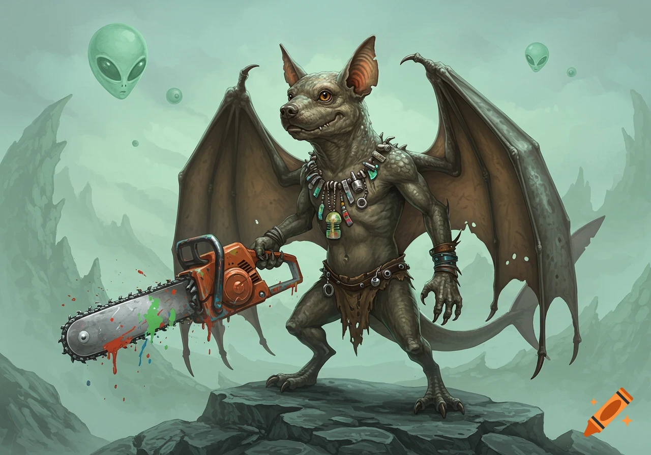 An illustrative hybrid creature with bat wings, a dog-like head, and tribal attire, holding a paint-splattered chainsaw, standing on rocks in a misty alien landscape with floating green alien heads.