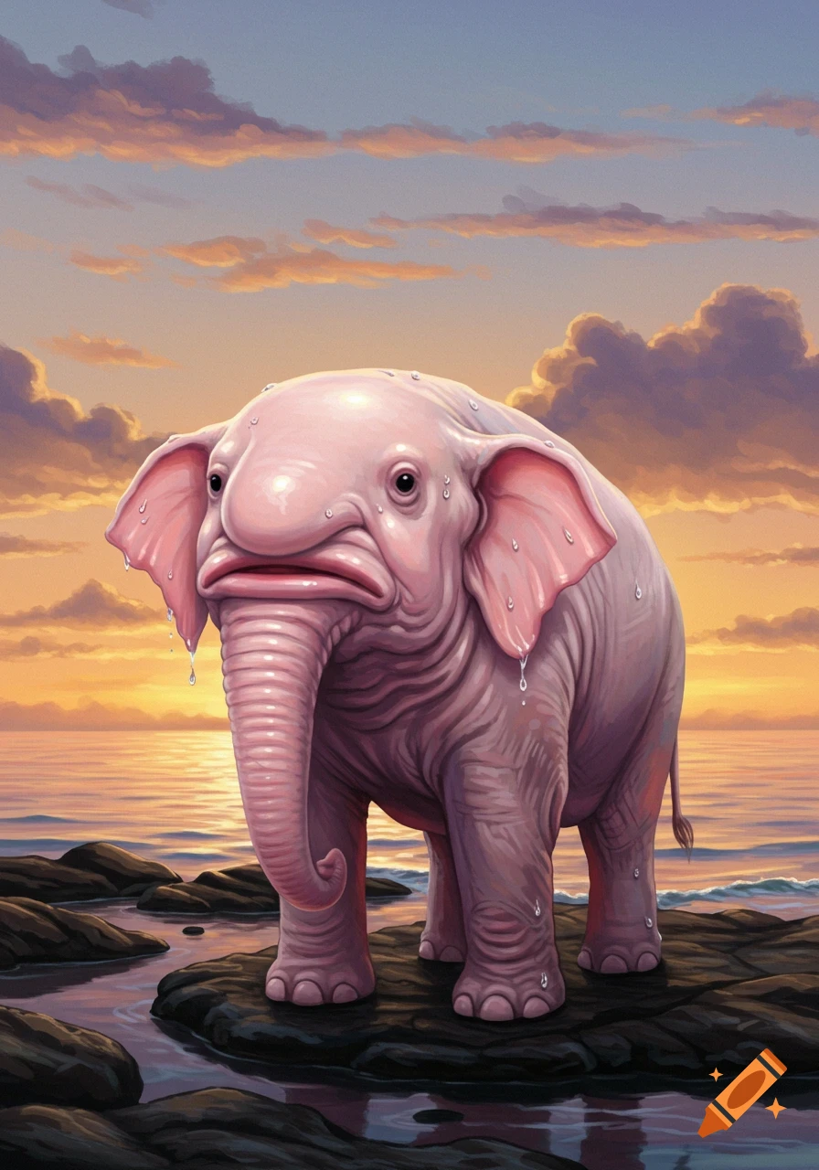 A pink, elephant-blobfish hybrid stands on rocks by the water at sunset.