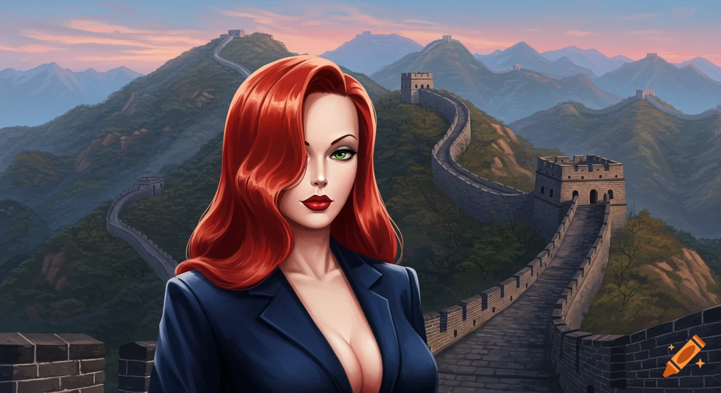 Illustrated portrait of a red-haired woman with green eyes and red lips in a dark blue suit, standing in front of the Great Wall of China.