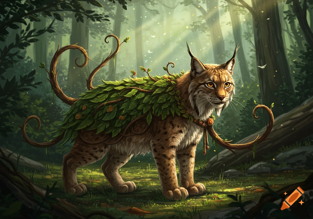 A majestic, lynx-like creature covered in green leaves and swirling vines, standing in a magical, sunlit forest.