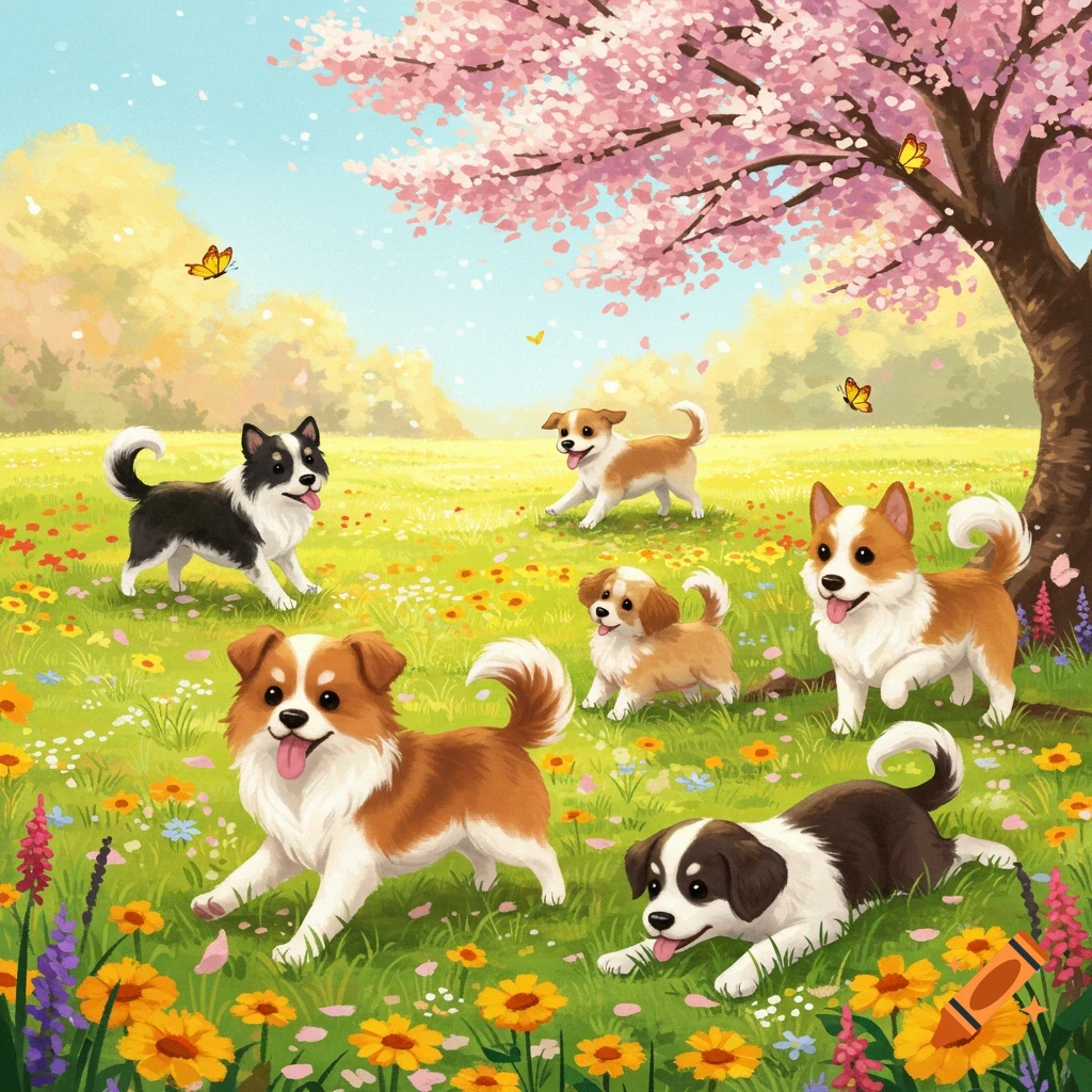 Cute puppies playing in a vibrant spring meadow with colorful flowers and a cherry blossom tree, illustration.