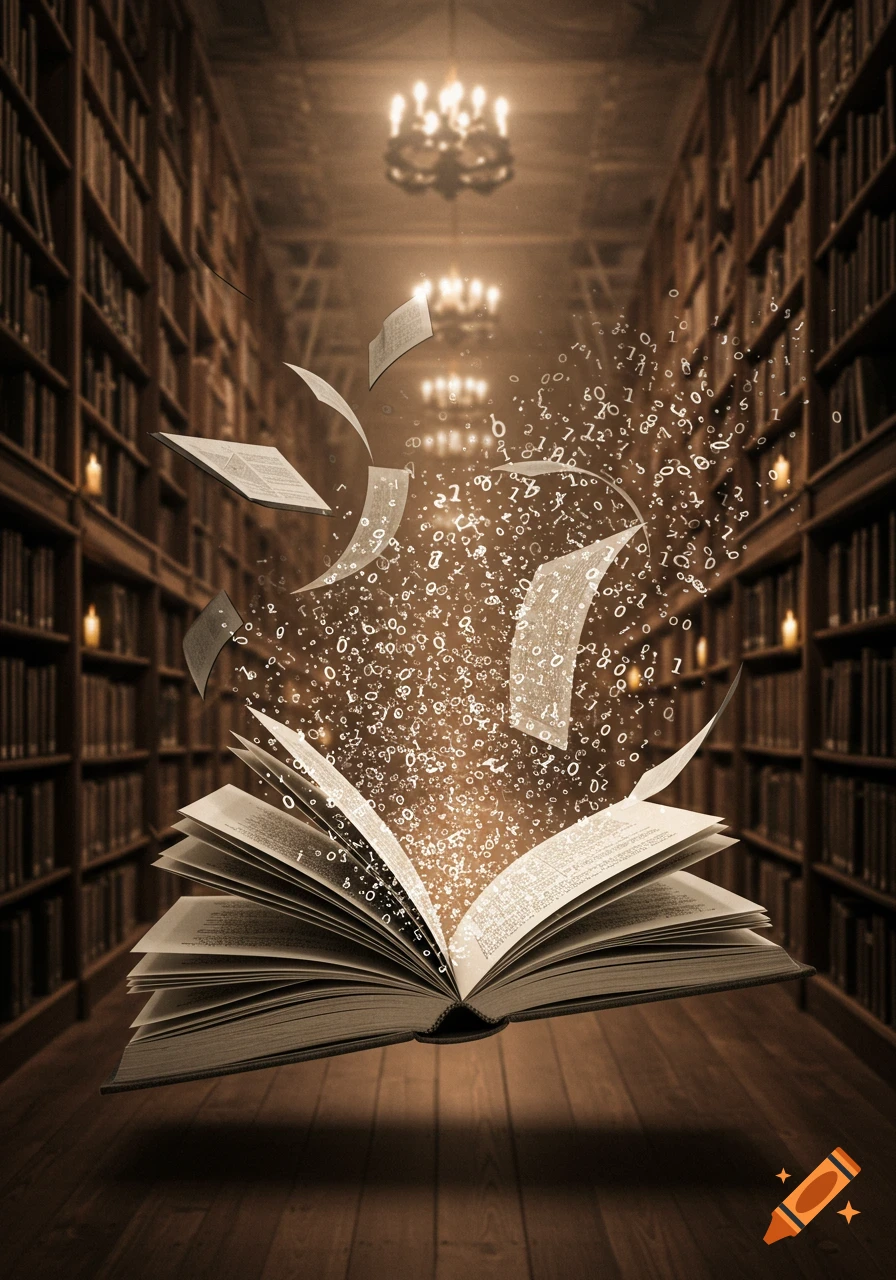 A magical book floats open in a dimly lit library, with glowing numbers and pages erupting from it, transforming into code.