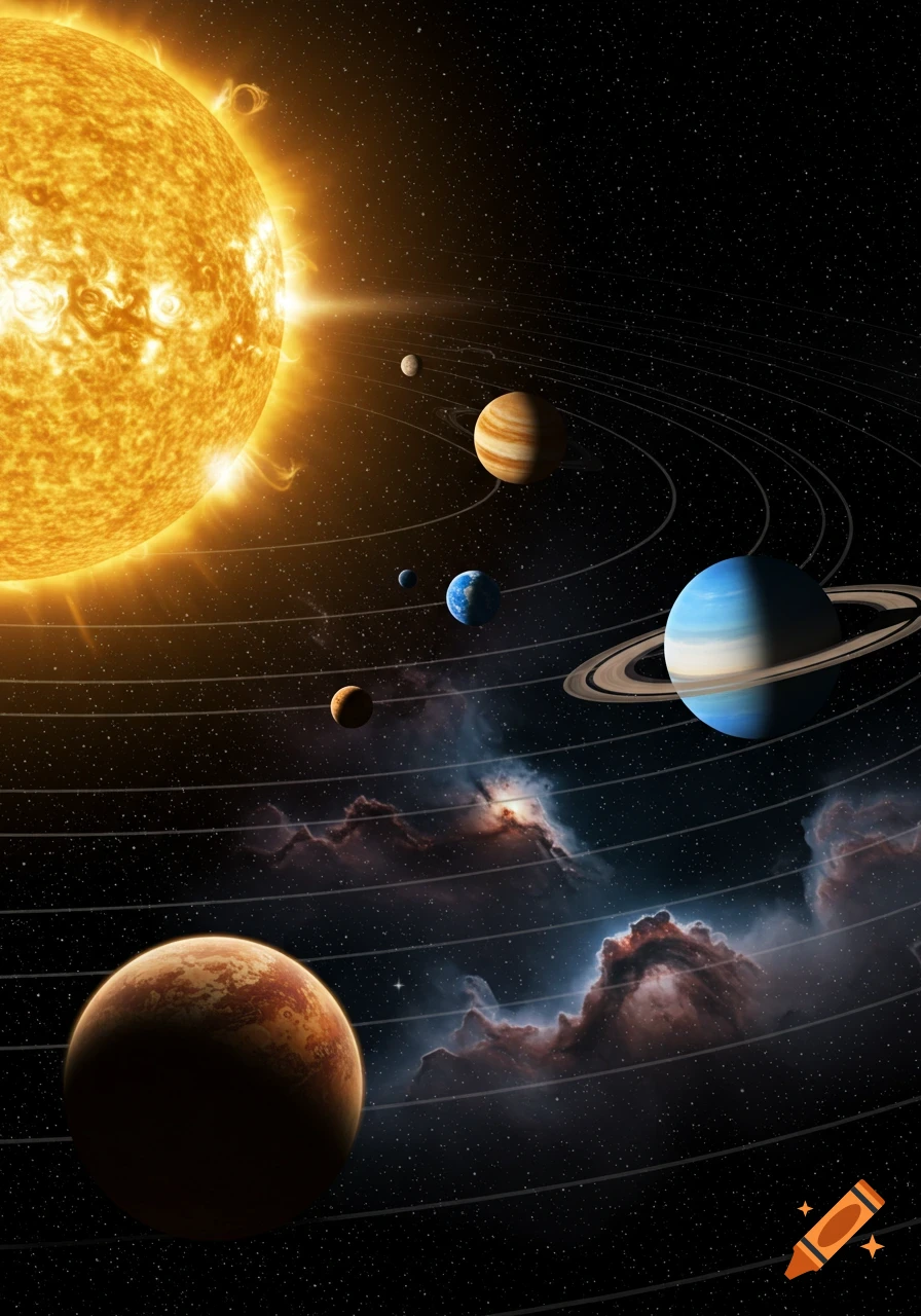 The sun illuminates multiple planets orbiting in a dark, star-filled space with distant cosmic nebulae.