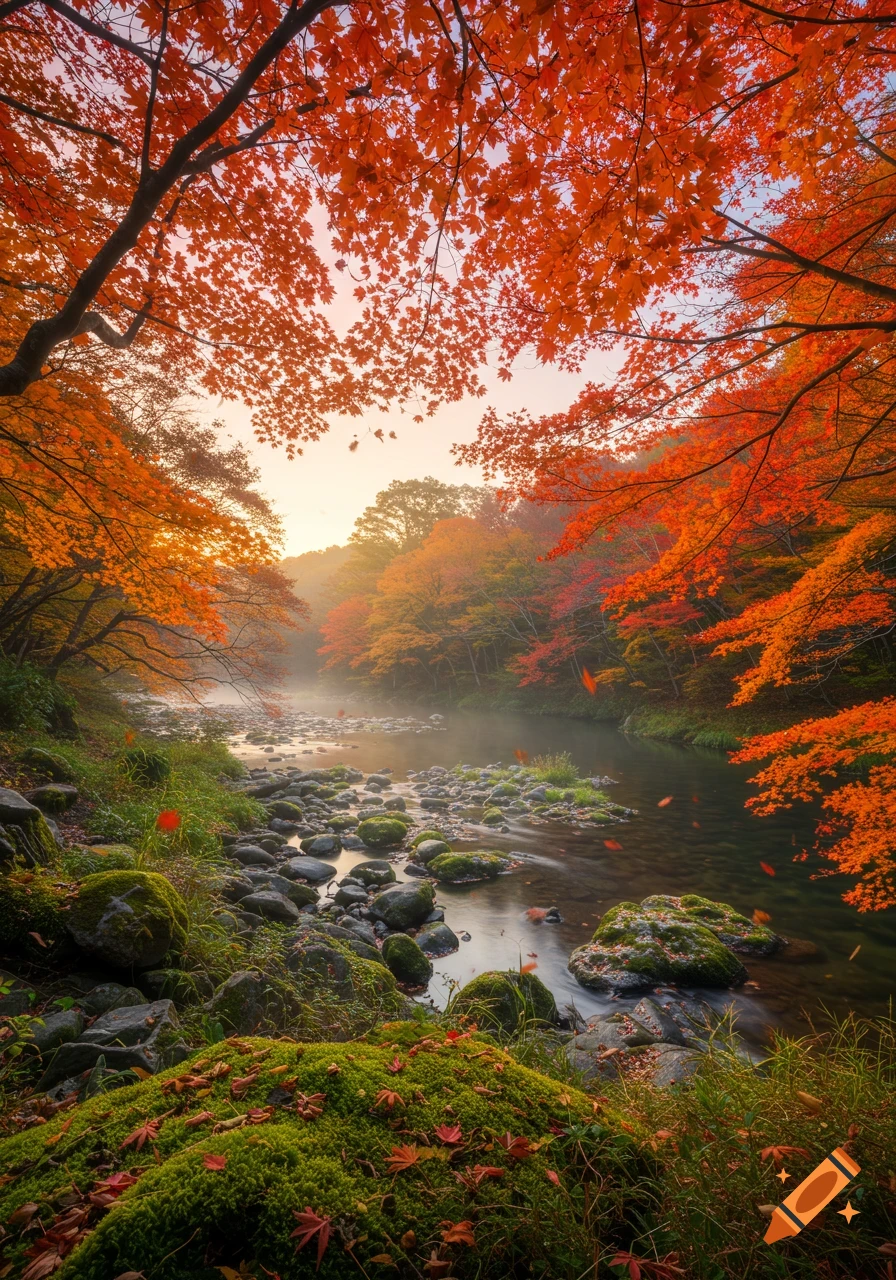 Photorealistic autumn landscape with a misty river flowing through mossy rocks under brilliant orange maple trees.