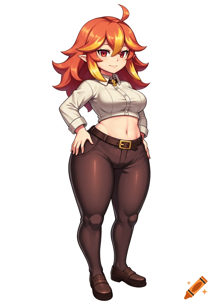 A full-body anime-style character with red and blonde hair, wearing a white cropped shirt, brown pants, and shoes, smiling on a white background.