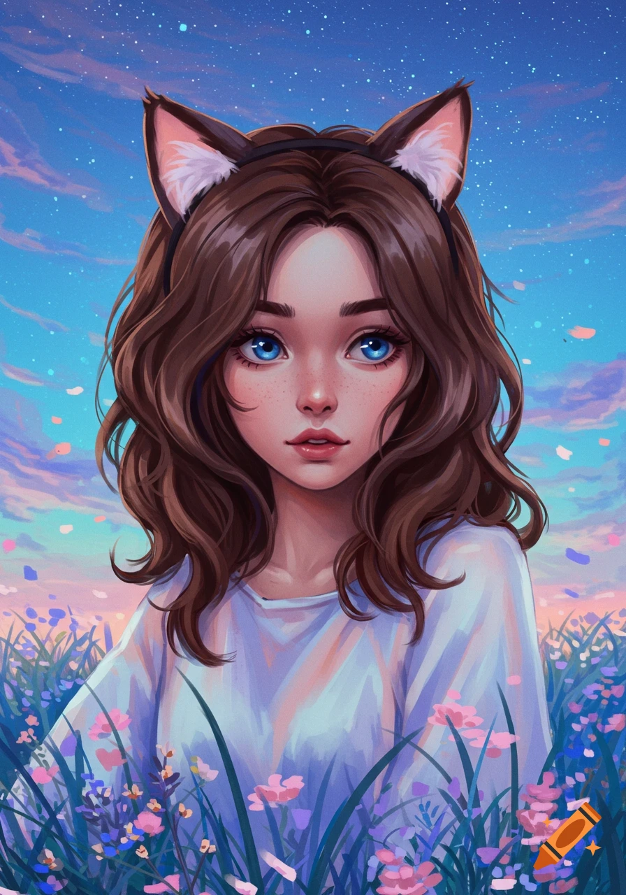 Stylized digital painting of a girl with brown hair, blue eyes, and cat ears, surrounded by colorful flowers under a starry twilight sky.