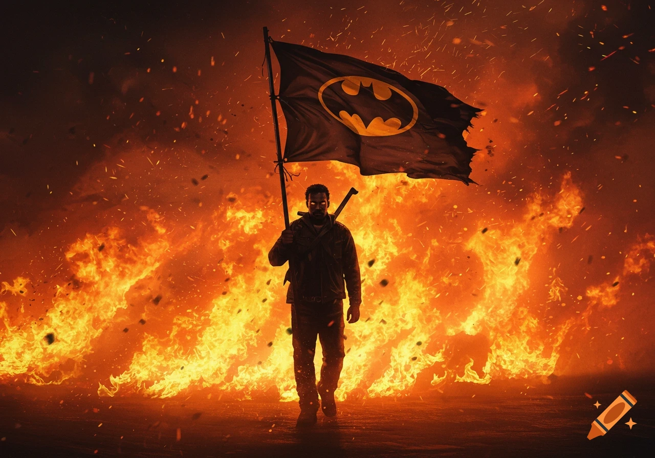 A man holding a tattered Batman flag walks through a fiery, smoke-filled landscape.