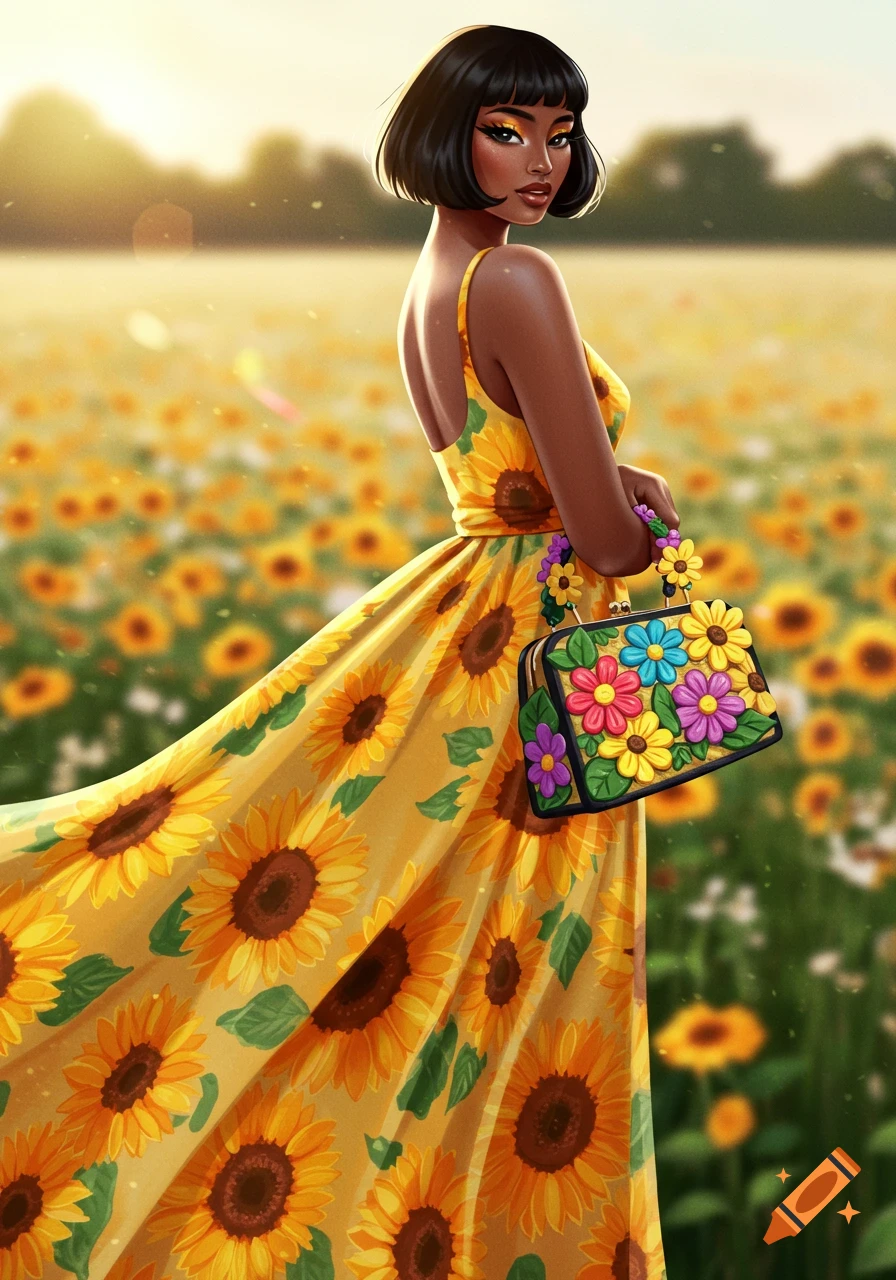 Illustrative portrait of a woman in a flowing sunflower dress and colorful floral purse, standing in a sunny sunflower field.