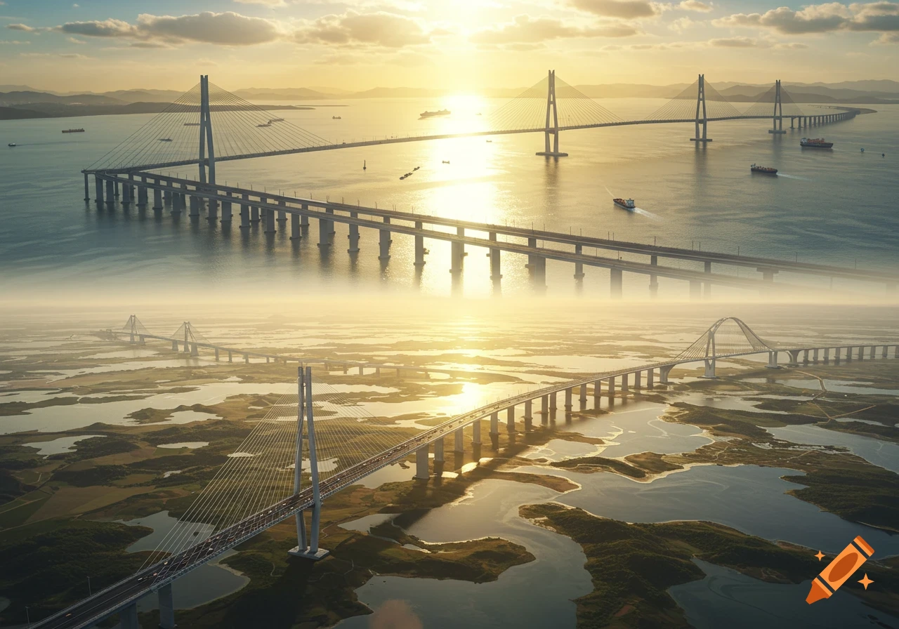 Aerial view of a long cable-stayed bridge spanning over a wide sea and a marshy estuary at sunset.