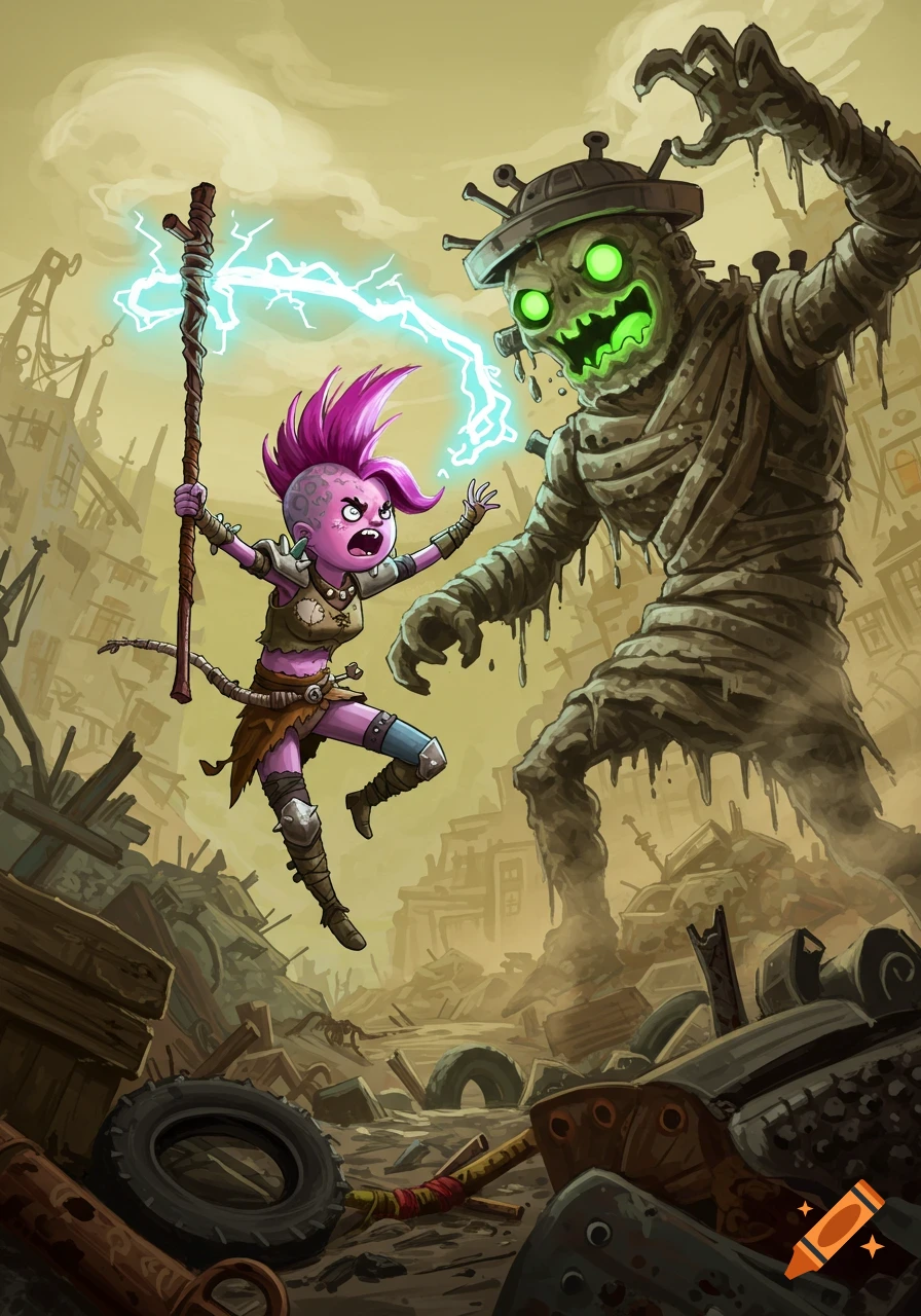 A cartoon post-apocalyptic raider girl with pink hair casts lightning from a staff at a trash ghoul in a derelict junkyard.