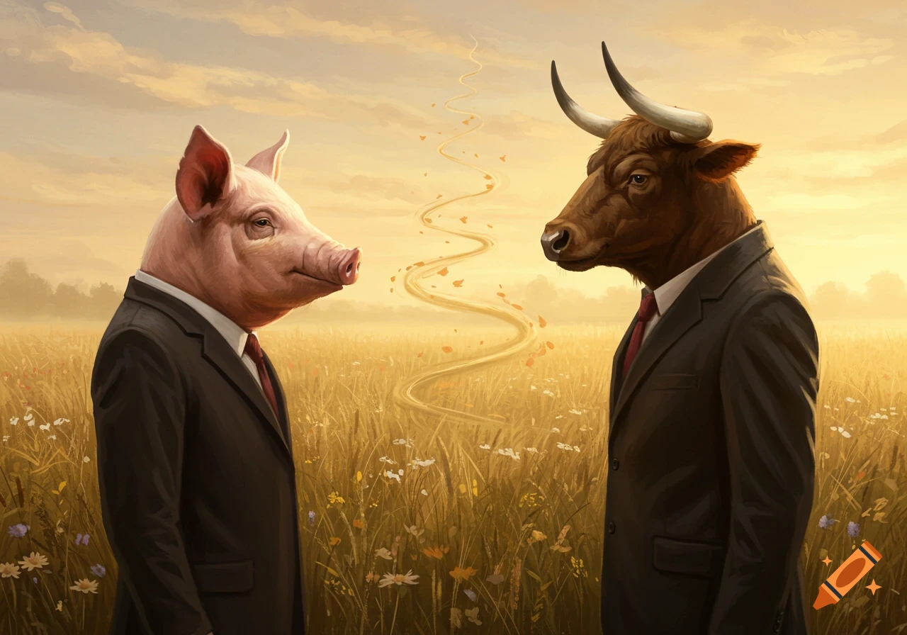 A pig-headed man and a bull-headed man in suits stand in a golden field with a winding path between them under a warm sky.