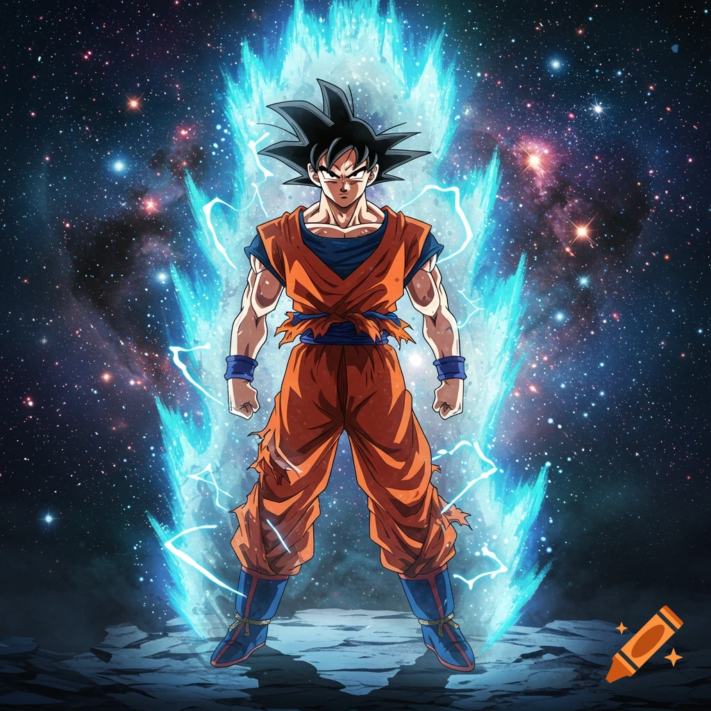 Anime character Goku, powered up with a glowing blue aura, stands against a cosmic starry background.