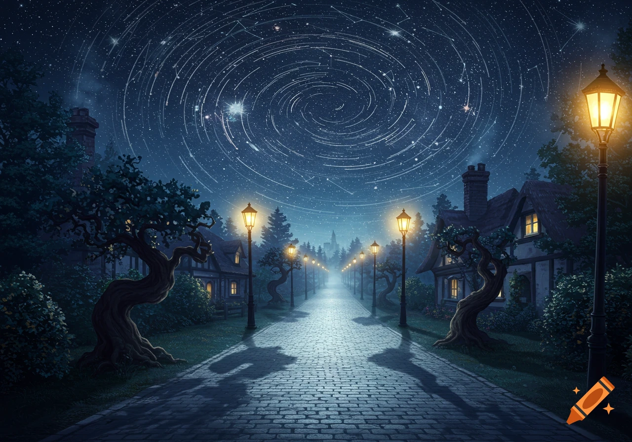 A whimsical night street scene with quaint houses, streetlights, and a dramatic swirling star trail sky.