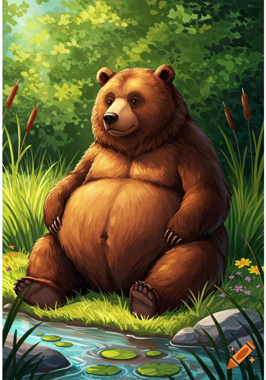 A friendly cartoon bear with a big belly sits by a pond with lily pads in a lush green forest.