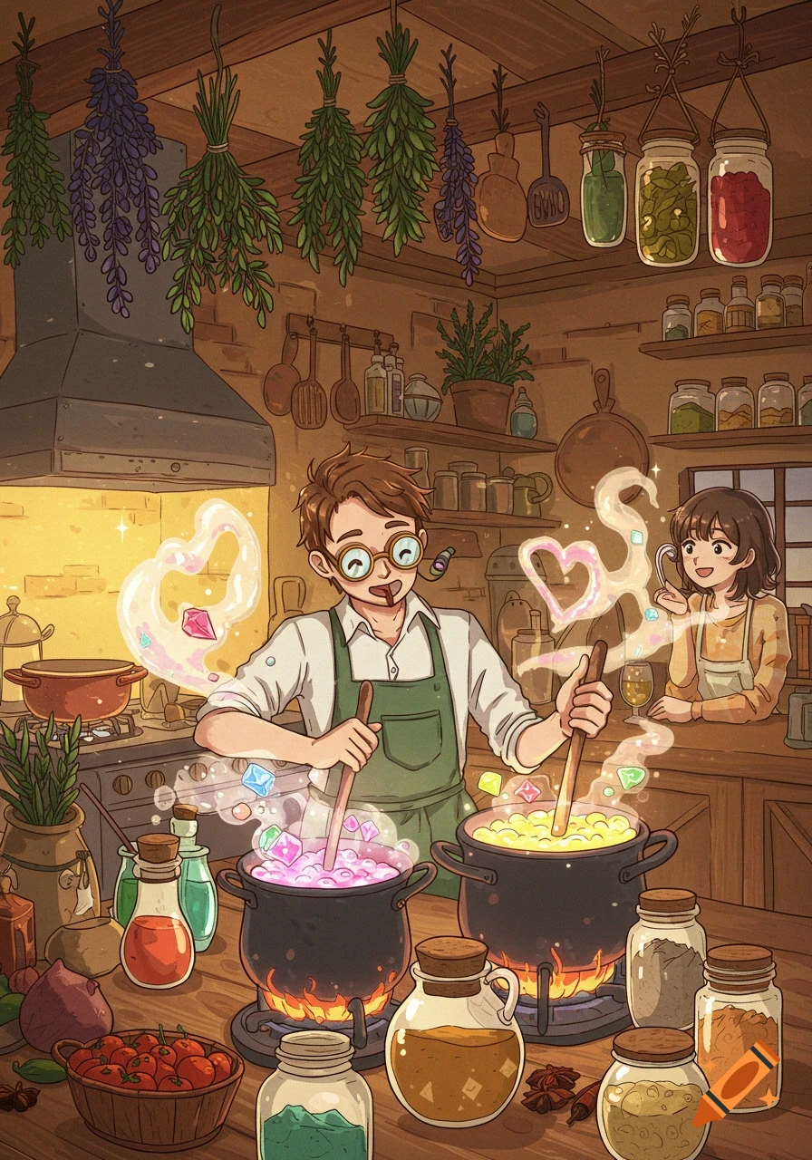 Whimsical anime kitchen with a man in an apron stirring glowing potions, while a smiling woman watches.