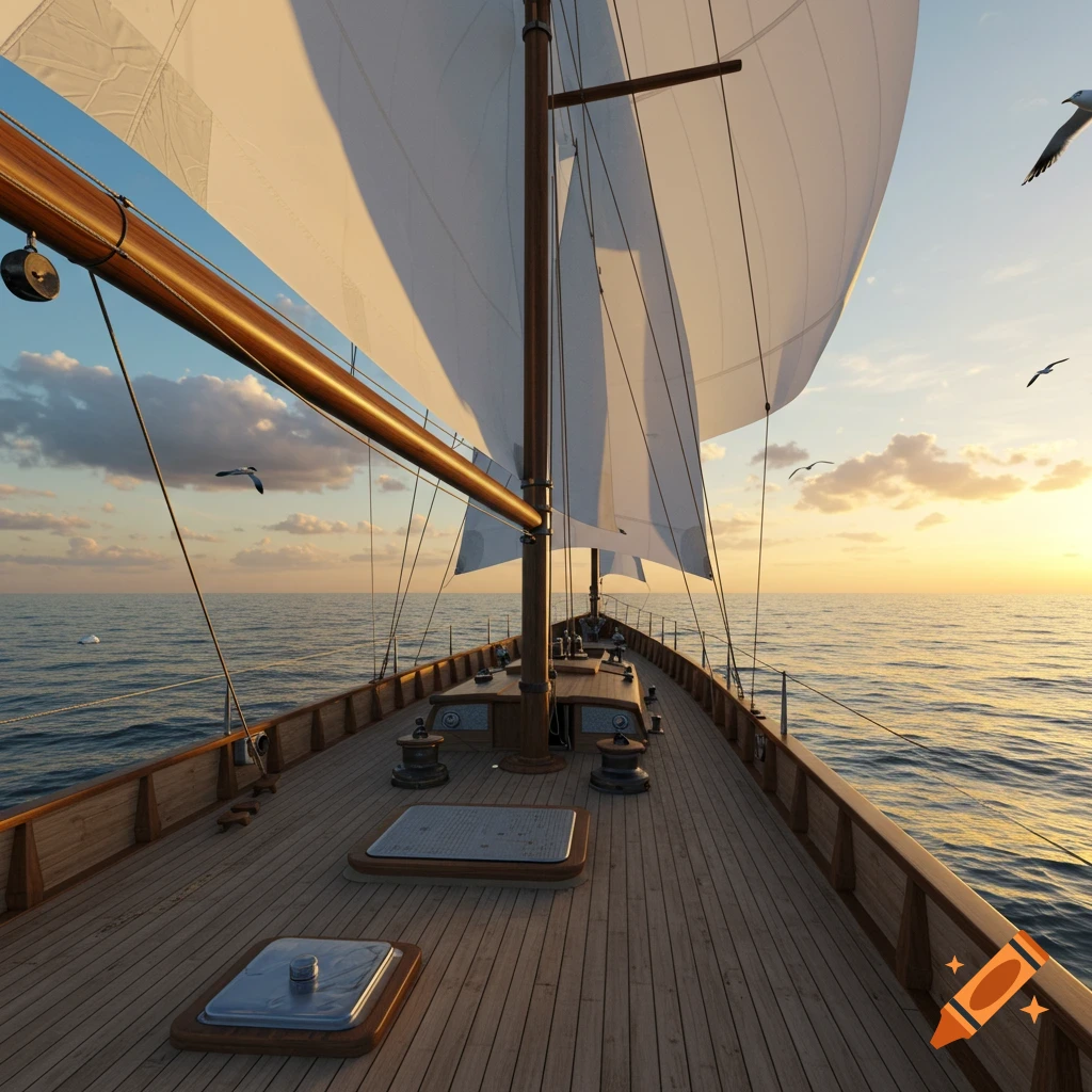 Photorealistic image of a sailboat at sea during sunset, viewed from the deck looking forward.