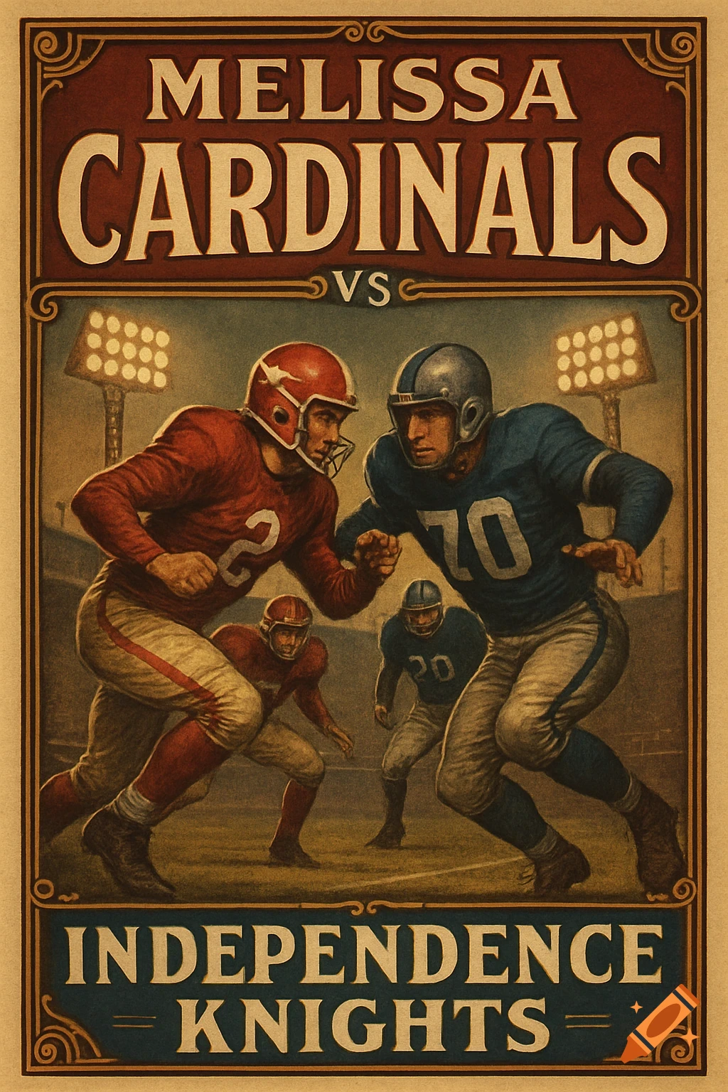 Vintage football poster depicting two players in red and blue uniforms on a field, with text "Melissa Cardinals vs Independence Knights".