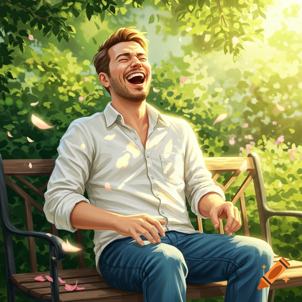 Vibrant illustration of a man laughing heartily on a park bench under sunny green trees with falling pink petals.