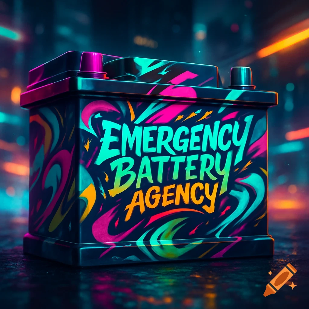 A dark car battery covered in vibrant neon graffiti art with "EMERGENCY BATTERY AGENCY" text, against a blurred neon light background.