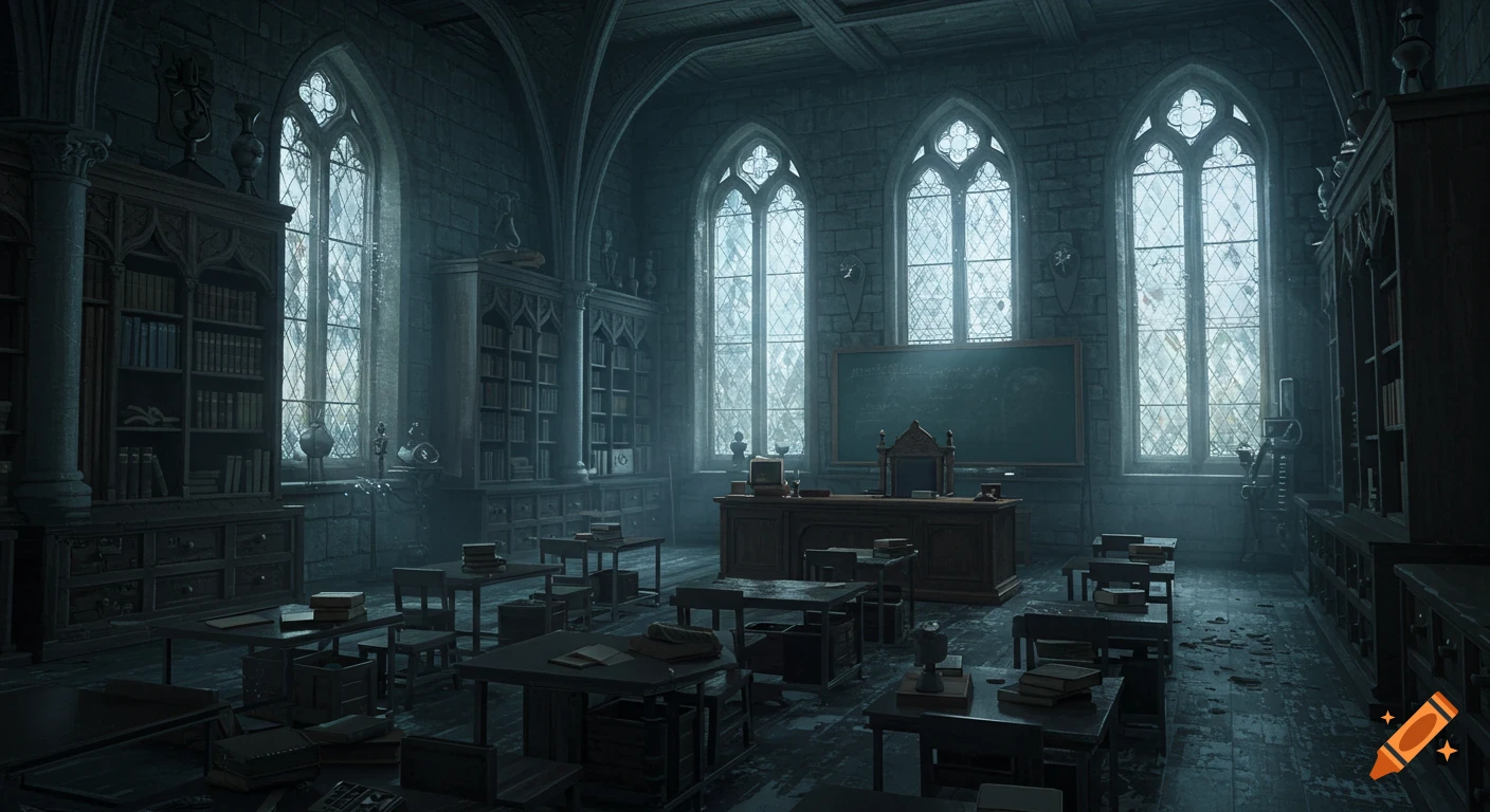 A dimly lit, grand Gothic castle classroom with tall arched windows, bookshelves, and student desks.