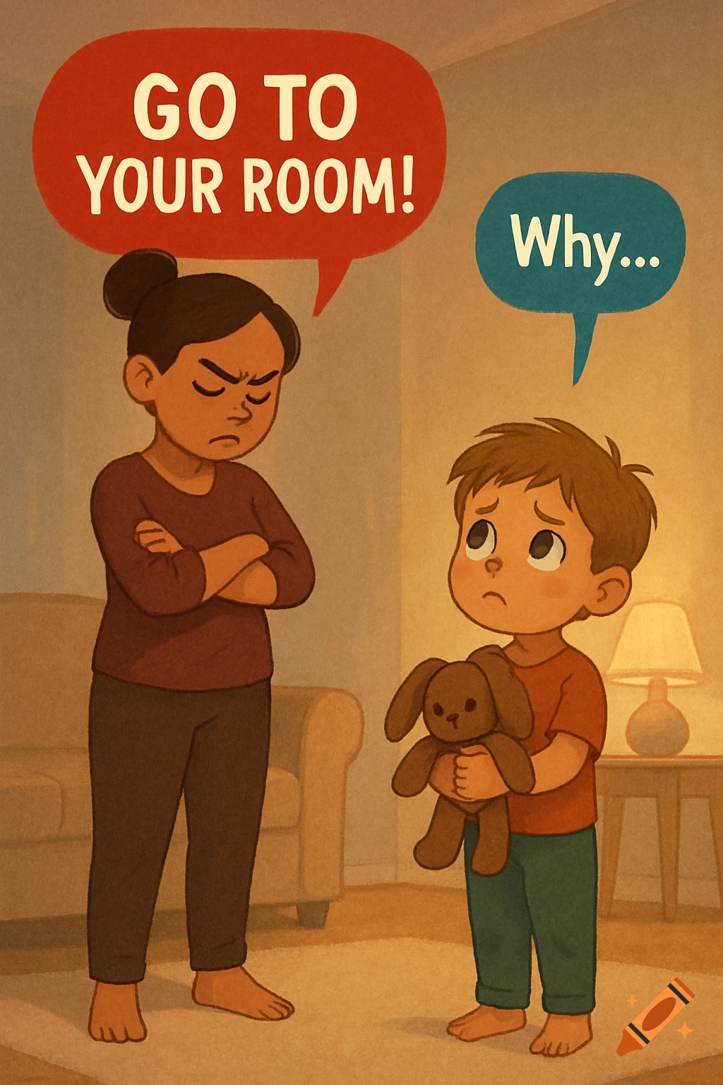 Angry mother tells sad child with a stuffed rabbit to 'GO TO YOUR ROOM!' in a cartoon illustration.