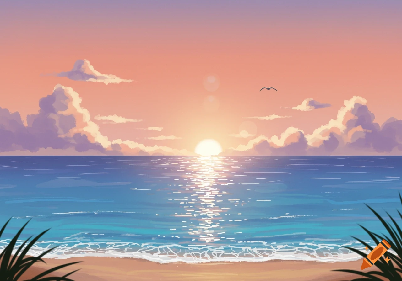 A serene illustrated beach sunset with a vibrant sky, calm ocean, and a small bird flying.