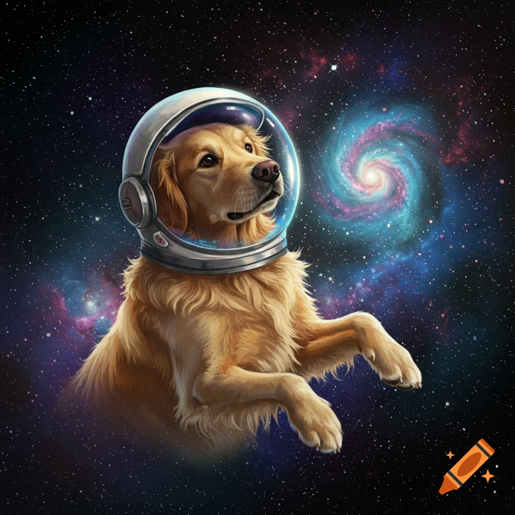 Photorealistic Golden Retriever in a spacesuit floats in deep space with a colorful spiral galaxy.