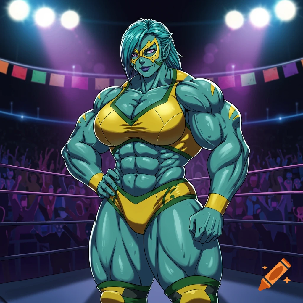 Anime style art of a muscular teal-skinned female wrestler in a yellow and green luchadora costume standing in a wrestling ring under spotlights.