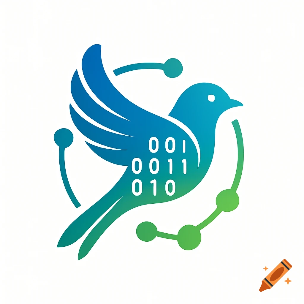 Blue and green gradient bird logo with binary code on its body and connected data points surrounding it.