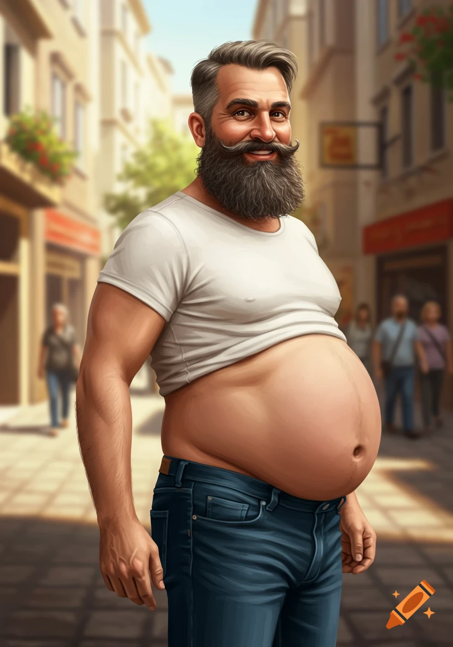 A smiling, bearded man with a large, round belly stands on a city street, depicted in a digital art style.