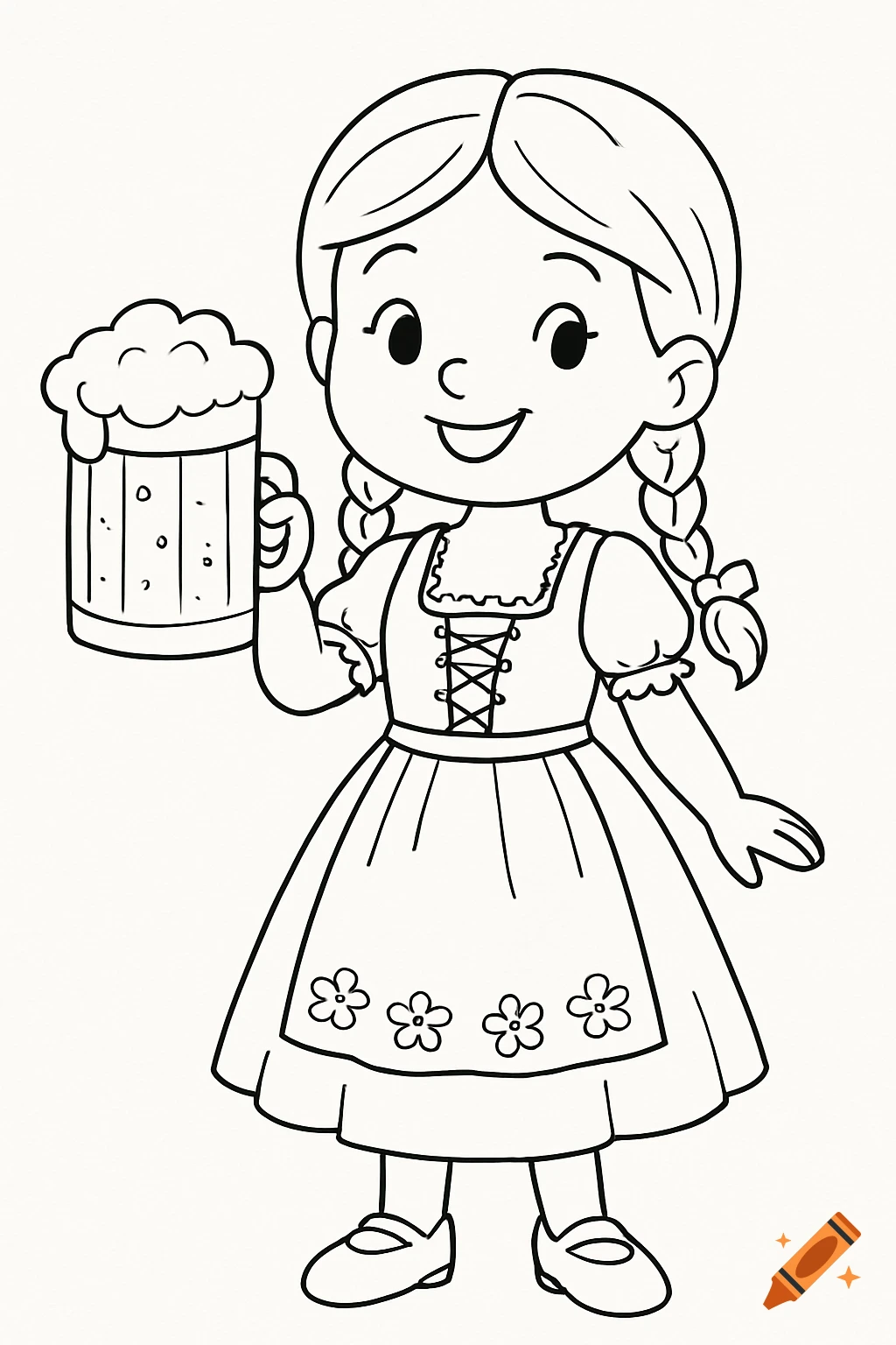 A cartoon girl in a traditional dirndl dress, with braided pigtails, smiles while holding a foamy beer stein in a black and white line art style.